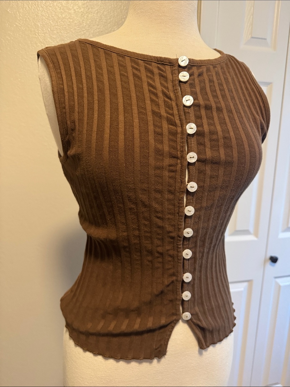 Free People Brown Ribbed Button-Front Sleeveless Top